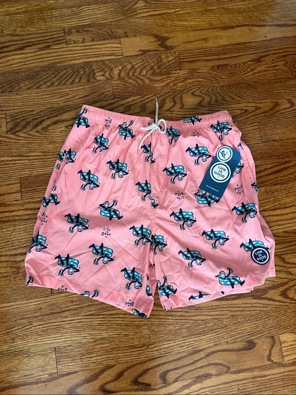 Life Is Good Pink Swim Trunks with Blue Print